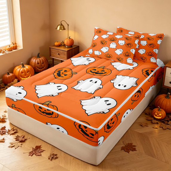 Homewish Happy Halloween Zipper Twin Comforter Sets with Fitted Sheet and 2 Pillowcases, Cartoon Pumpkin Lantern Ghost Zipper Bedding Set, Orange White, Black Reversible