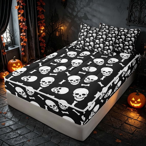 Homewish Happy Halloween Zipper Twin Comforter Sets with Fitted Sheet and 2 Pillowcases, Gothic Skull Bone Zipper Bedding Set, Black White, Black Reversible