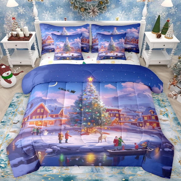 Homewish Happy New Year 7-Piece Twin Bedding Sets,Western Christmas Cabin Bedding Comforter Set,3D Xmas Tree Sheet Sets For Men Women,Luxury Bedroom Decor Reversible