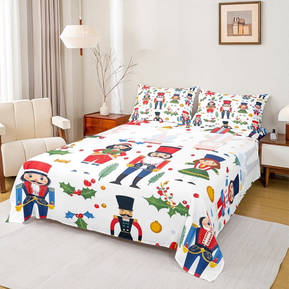 Homewish Happy New Year Full Size Sheets 4-Piece for Boys Girls Teens,Christmas Nutcracker Breathable Bed Sheets,Xmas Festival Lightweight Sheet Sets,Ultra Soft Home Decor