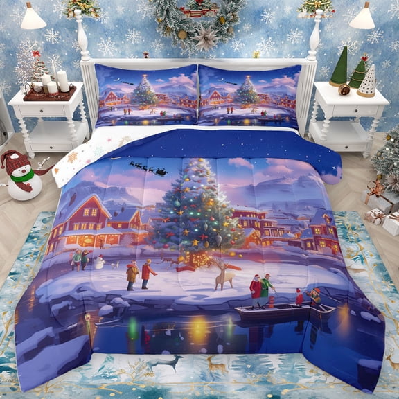 Homewish Happy New Year Queen Comforter Set,Western Christmas Cabin Bedding Sets,3D Xmas Tree Bedding Comforter Set For Men Women,Luxury Bedroom Decor Reversible,3pcs
