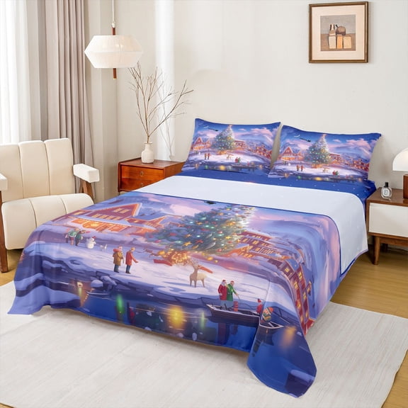 Homewish Happy New Year Queen Sheet Sets,Western Christmas Cabin Flat Sheet,3D Xmas Tree Queen Fitted Sheet For Men Women,Luxury Bedroom Decor,4pcs