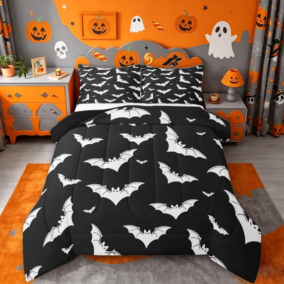 Homewish Happy Retro Halloween Bat Full Size Comforter Sets,White Silhouette Pattern Bedding Comforter Set,Black White,Black Reversible,3-Piece,1 Comforter and 2 Pillowcases