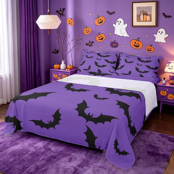 Homewish Happy Silhouette Halloween Bat Bed Sheets,Black Purple Full Size Sheets,4pcs,1 Flat Sheet,1 Fitted Sheet and 2 Pillowcases