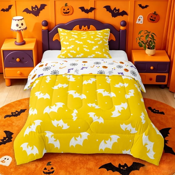 Homewish Happy Simple Halloween Bat Twin Comforter Sets,White Silhouette Pattern Bedding Set,Mustard Yellow,Halloween Reversible,2 Pieces,1 Comforter and 1 Pillowcase
