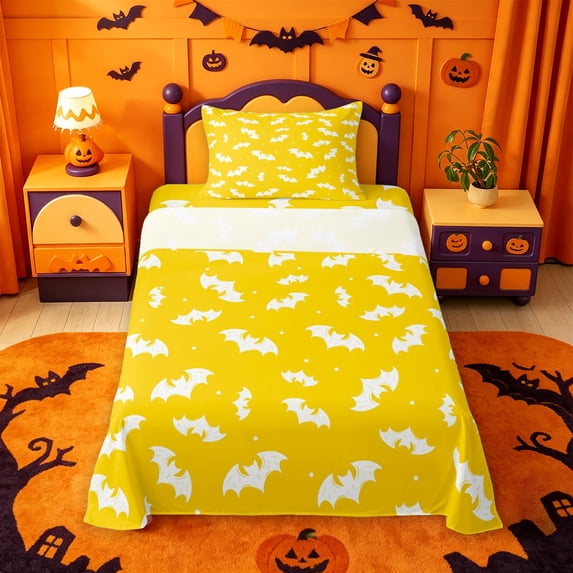 Homewish Happy Simple Halloween Bat Twin Sheets,White Silhouette Pattern Bedding,Mustard Yellow,3 Pieces,1 Fitted Sheet and 1 Pillowcase