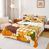 Homewish Happy Thanksgiving Day Twin Sheet Sets,Autumn Fall Pumpkin Twin Fitted Sheet,Cute Cartoon Turkey Flat Sheet For Girls Boys,Microfiber Bedroom Decor,3 Pieces