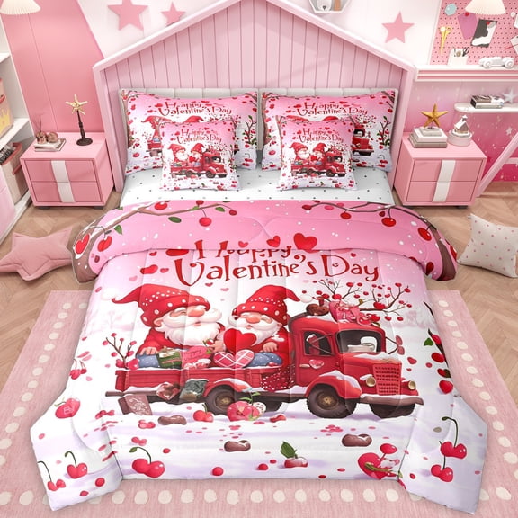 Homewish Happy Valentine'S Day 7-Piece Twin Bedding Sets,Cute Cartoon Gnome Bedding Comforter Set,Red Sweet Cherry Sheet Sets For Girl Kids,Ultra Soft Home Decor Reversible