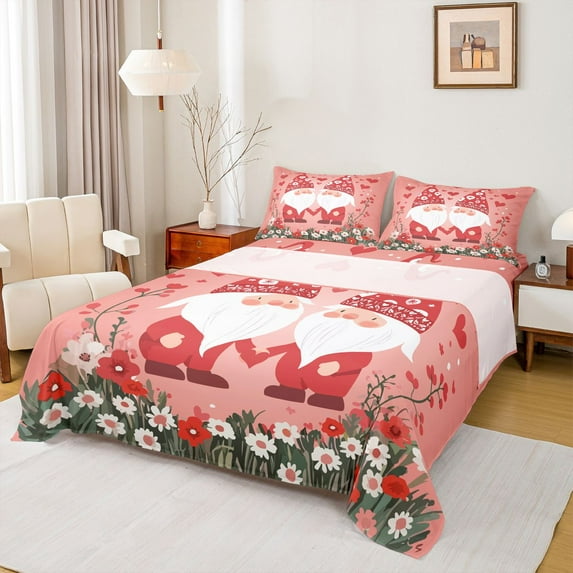 Homewish Happy Valentine'S Day Bed Sheets,Kawaii Cartoon Gnome King Sheets,Cute Colorful Flower Sheet Set For Gtirls Teens,Super Cozy Room Decor,4-Piece
