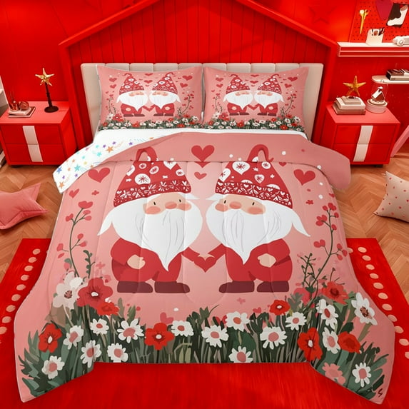 Homewish Happy Valentine'S Day Full Size Comforter Sets,Kawaii Cartoon Gnome Bedding Comforter Set,Cute Colorful Flower Bedding Sets For Gtirls Teens,Super Cozy Room Decor Reversible,3 Pieces