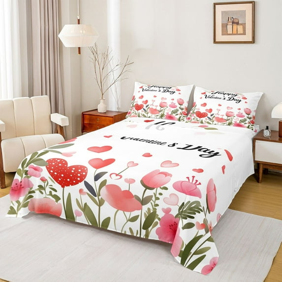 Homewish Happy Valentine'S Day Twin Sheet Sets,Cute Loves Pattern Twin Fitted Sheet,Pink Flower Tulip Flat Sheet For Girls Kids,Super Cozy Room Decor,3 Pieces