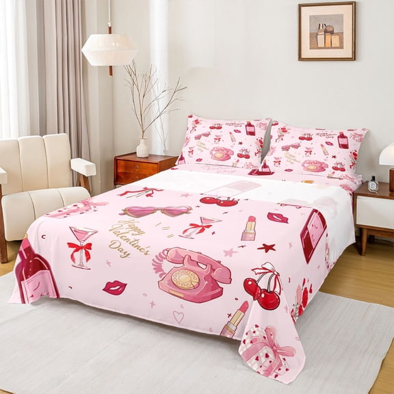 Homewish Happy Valentine'S Day Twin Sheet Sets,Sweet Cherry Twin Fitted Sheet,Cute Bowtie Ribbon Flat Sheet For Girsl Kids,Luxury Bedroom Decor,3-Piece