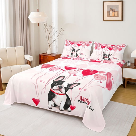 Homewish Happy Valentines Day Twin Sheet Sets, Cartoon Cute Dog Twin Fitted Sheet, Watercolor Love Heart Balloon Flat Sheet, Breathable Home Decor, 3 Pieces