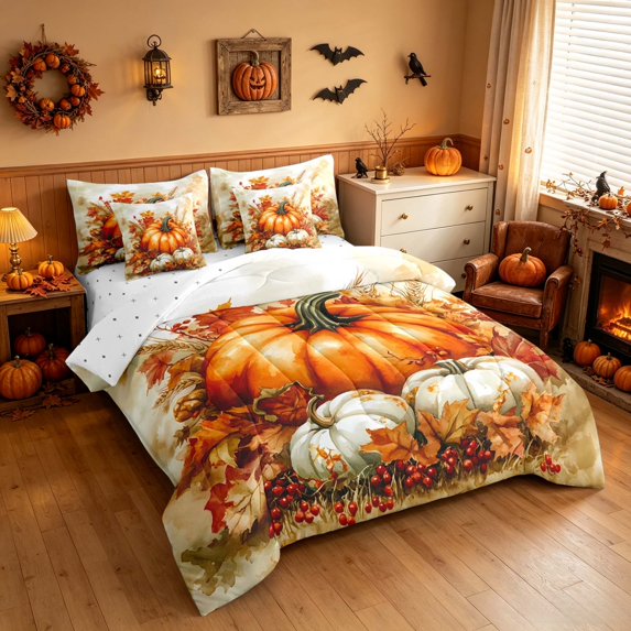 Homewish Harvest Pumpkin Full Size Bedding Sets, Thanksgiving Day Gifts Full Size Bed in a Bag, Orange Cream Red, Reversible 7pcs