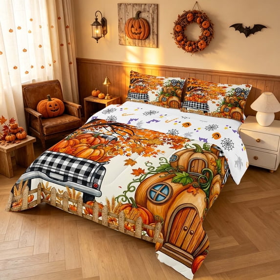 Homewish Harvest Pumpkin Full Size Comforter Sets, Autumn Maple Leaves Bedding Comforter Set, Black White Orange, Pumpkin Bat Reversible, 3 Pieces 1 Comforter and 2 Pillowcases