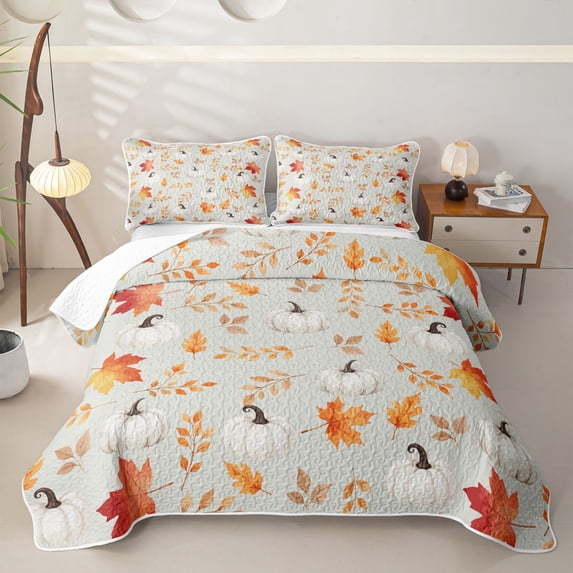 Homewish Harvest Pumpkin Quilt Full, Autumn Maple Leaf Full Bedspread Sets, Cream Orange Brown, 3pcs 1 Bedspread and 2 Pillowcases