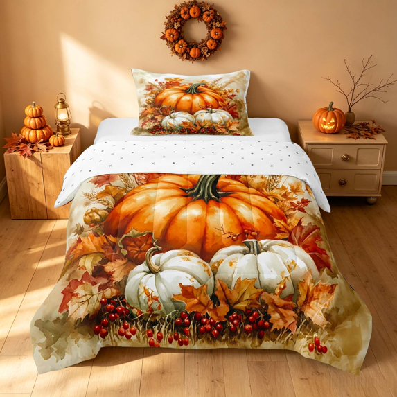 Homewish Harvest Pumpkin Twin Comforter Sets, Thanksgiving Day Gifts Bedding Set, Orange Cream Red, Reversible, 2pcs 1 Comforter and 1 Pillowcase