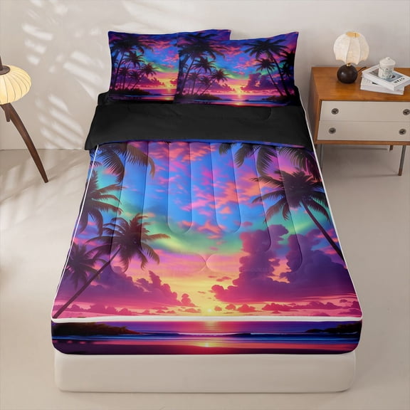 Homewish Hawaii Beach Zipper Twin Comforter Sets with Fitted Sheet and 2 Pillowcases,Hawaii Holiday Tropical Botanical Coconut Tree Zipper Bedding Set For Girls,Black Reversible,4 Pieces