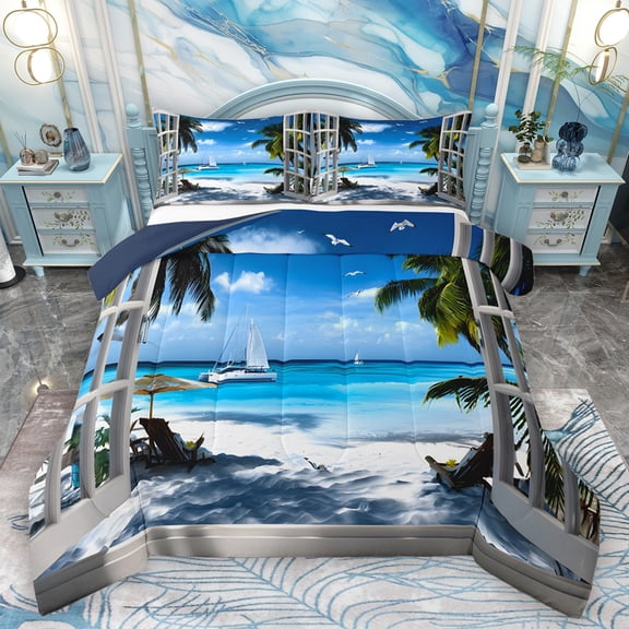 Homewish Hawaii Summer Holiday Queen Comforter Set for Teen, Tropical Beach Bedding Sets, Ocean Marine Theme Reversible Bedding Comforter Set, Lightweight Room Decor, 3-Piece