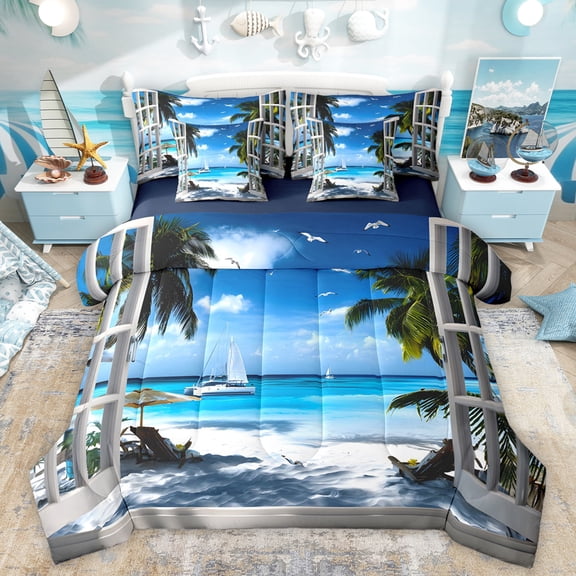 Homewish Hawaii Summer Holiday Twin Bedding Sets 7-Piece for Teen, Tropical Beach Bedding Comforter Set, Ocean Marine Theme Reversible Sheet Sets, Lightweight Room Decor