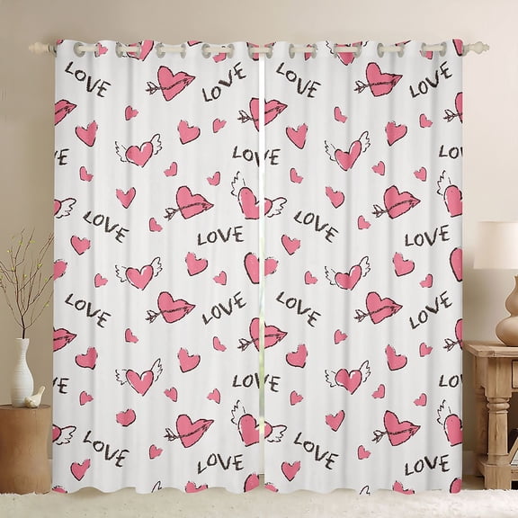 Homewish Heart Wings Print Curtains Pack of 2 (42x84 Each),Pink Fairy Tale Curtains Blackout,Kawaii Loves Pattern Bedroom Curtains For Girls Kids,Luxury Bedroom Decor