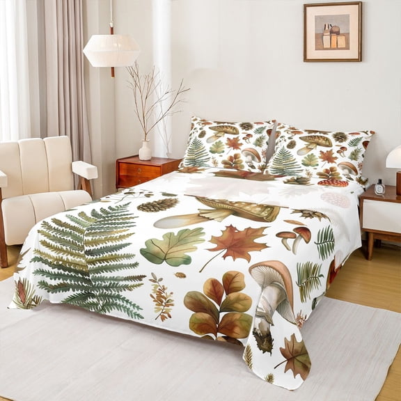Homewish Maple Palm Queen 4-Piece Reversible Unisex Rustic Mushroom Fall Tropical Sheet Set