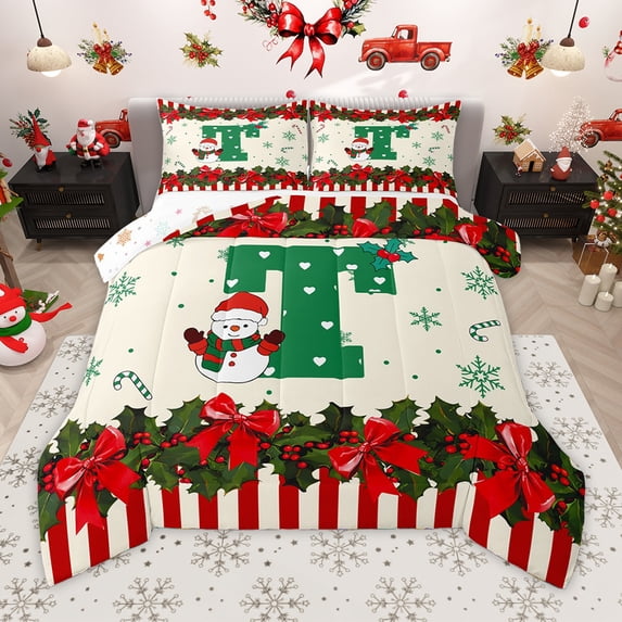 Homewish Herat Print Monogrammed T Bedding Comforter Set,Kawaii Bowtie Ribbon Twin Comforter Sets,Sweet Christmas Candy Cane Bedding Set For Girl Teens,Ultra Soft Bedroom Decor Reversible,2pcs