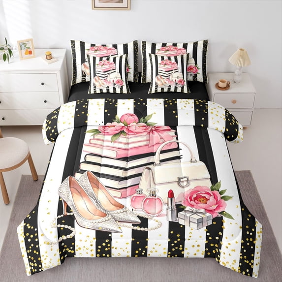 Homewish High Heels Lipstick Perfume 7pcs Queen Bedding,Classic Books Handbag Bedding Comforter Set Queen,Black Reversible