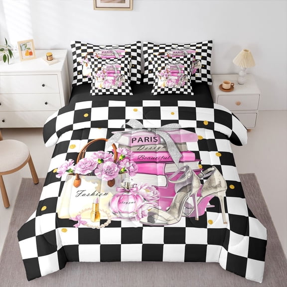 Homewish High Heels Perfume 7-Piece Twin Bedding,Chic Paris Fashion Bedding Comforter Set,Light Pink,Black Reversible