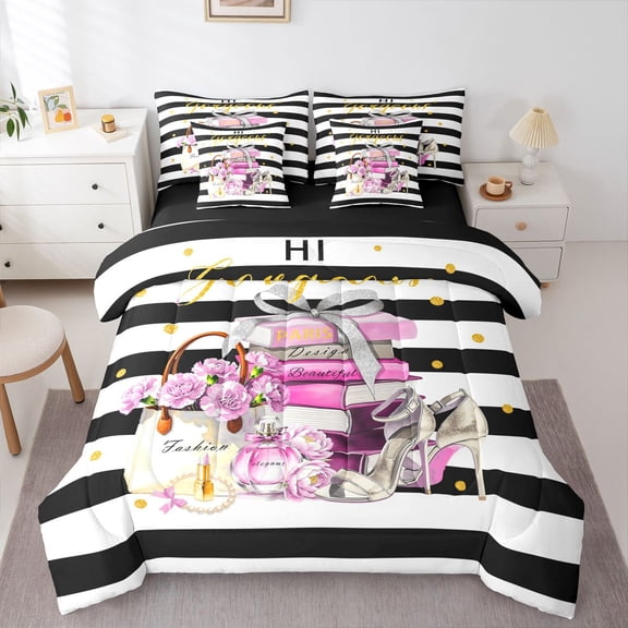 Homewish High Heels Perfume 7 Pieces Full Size Bedding Sets,Classic Books Handbag Artwork Full Size Bed in a Bag,Pink,Black Reversible