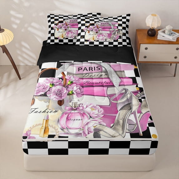 Homewish High Heels Perfume Zipper Twin Comforter Sets with Fitted Sheet and 2 Pillowcases,Chic Paris Fashion Zipper Bedding Set,Light Pink,Black Reversible,4pcs