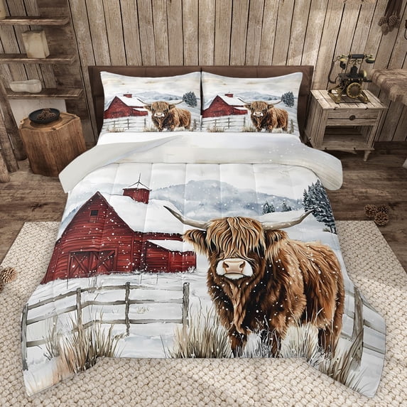 Homewish Highland Bull 3 Pieces Queen Comforter Set for Female Men,Vintage Cabin Cottage Ultra Soft Bedding Sets,Farmhouse Animal Bedding Comforter Set Breathable,Luxury Bedroom Decor,Reversible
