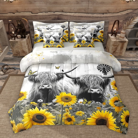Homewish Highland Bull Bedding Comforter Set 7-Piece for Female Men,Vintage Cabin Cottage King Bedding Sets,Chic Floral Sunflowers Butterflies Ultra Soft Bed Sheets,Luxury Bedroom Decor