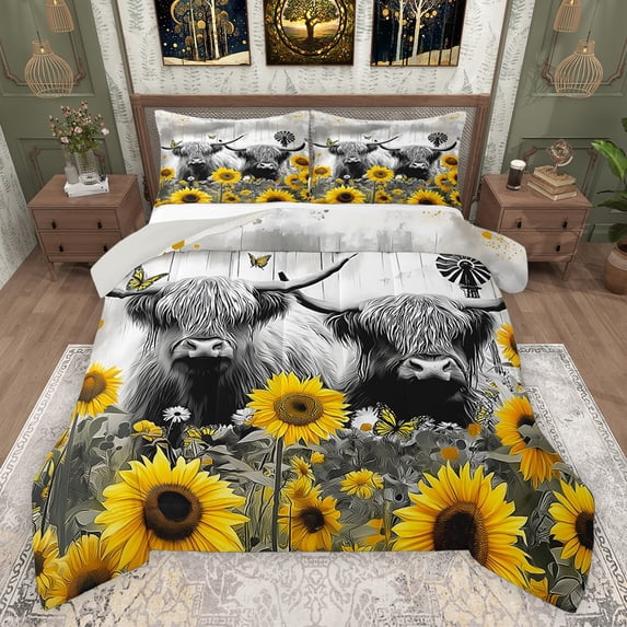 Homewish Highland Bull Full Size Comforter Sets 3-Piece for Female Men,Vintage Cabin Cottage Bedding Comforter Set,Chic Floral Sunflowers Butterflies Lightweight Bedding Sets