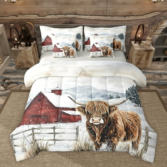 Homewish Highland Bull Twin Bedding Sets 7-Piece for Female Men,Vintage Cabin Cottage Bedding Comforter Set Microfiber,Farmhouse Animal Breathable Sheet Sets,Luxury Bedroom Decor,Reversible