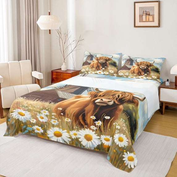 Homewish Highland Bull Twin Sheet Sets 3pcs for Female Men,Vintage Cabin Cottage Windmill Twin Fitted Sheet Microfiber,Chic Floral Daisy Breathable Flat Sheet,Luxury Bedroom Decor