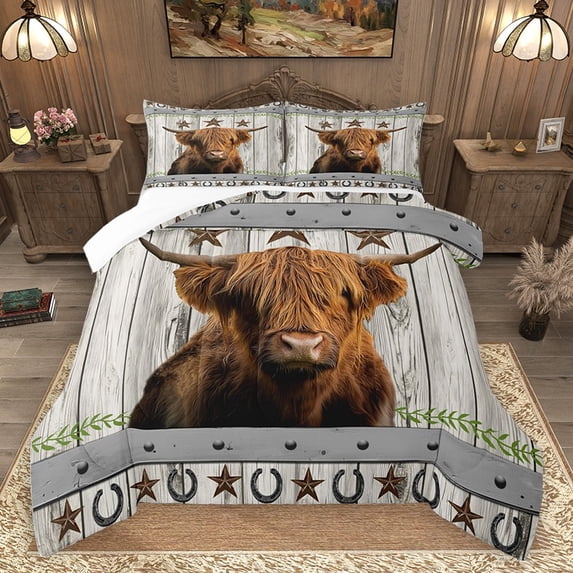 Homewish Highland Cattle 3 Pieces Queen Comforter Set for Kids Children Boys Girls,Rustic Cabin Ultra Soft Bedding Sets,Retro Vintage Bedding Comforter Set,Lightweight Room Decor