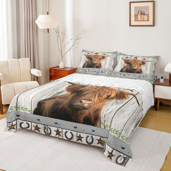 Homewish Highland Cattle 3pcs Twin Sheet Sets for Kids Children Boys Girls,Rustic Cabin Twin Fitted Sheet,Retro Vintage Breathable Flat Sheet,Lightweight Room Decor