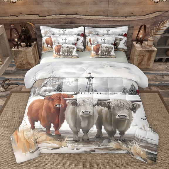 Homewish Highland Cattle Bedding Comforter Set 7-Piece for Teenagers,Farmhouse Animal King Bedding Sets,Western Cabin Ultra Soft Bed Sheets,Lightweight Room Decor,Reversible