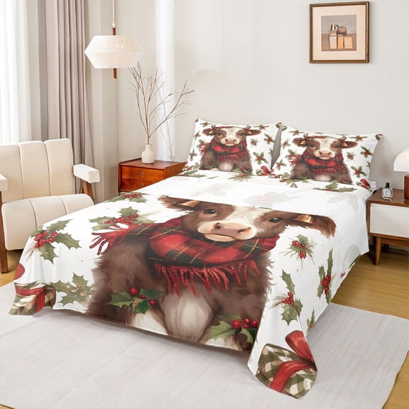 Homewish Highland Cattle Teen Twin Sheet Sets, Christmas Flower Leaf Plant Twin Fitted Sheet, Happy New Year Flat Sheet, Luxury Bedroom Decor, 3 Pieces