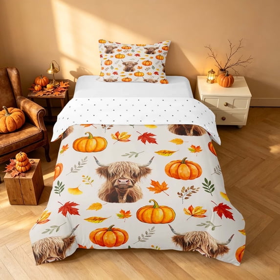 Homewish Highland Cattle Twin Duvet Cover, Autumn Leaf Pumpkin Twin Bedding, Cream Orange Green, Reversible 2-Piece, 1 Duvet Cover and 1 Pillowcase