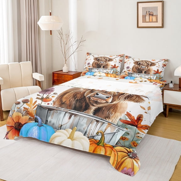 Homewish Highland Cattle Twin Sheet Sets 3pcs for Female Men Adults,Autumn Harvest Pumpkin Twin Fitted Sheet Microfiber,Farmhouse Animal Breathable Flat Sheet,Lightweight Room Decor