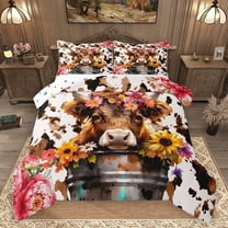 Homewish Highland Cow 2pcs Bedding Comforter Set for Teens Boys Girls,Farmhouse Animal Twin Comforter Sets,Chic Flowers Breathable Bedding Set,Luxury Bedroom Decor,Reversible