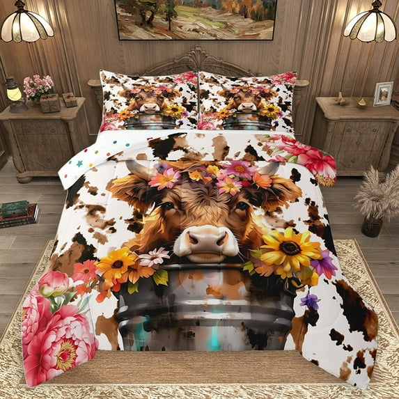 Homewish Highland Cow 2pcs Bedding Comforter Set for Teens Boys Girls,Farmhouse Animal Twin Comforter Sets,Chic Flowers Breathable Bedding Set,Luxury Bedroom Decor,Reversible