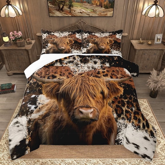 Homewish Highland Cow 3 Pieces Queen Comforter Set for Children Teens,Animal Print Ultra Soft Bedding Sets,Farmhouse Animal Bedding Comforter Set,Breathable Home Decor