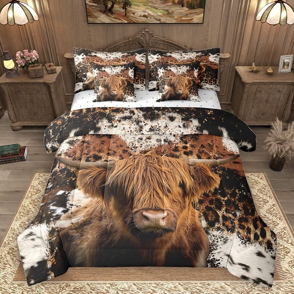 Homewish Highland Cow 7-Piece Bedding Comforter Set for Children Teens,Animal Print King Bedding Sets,Farmhouse Animal Ultra Soft Bed Sheets,Breathable Home Decor,Reversible