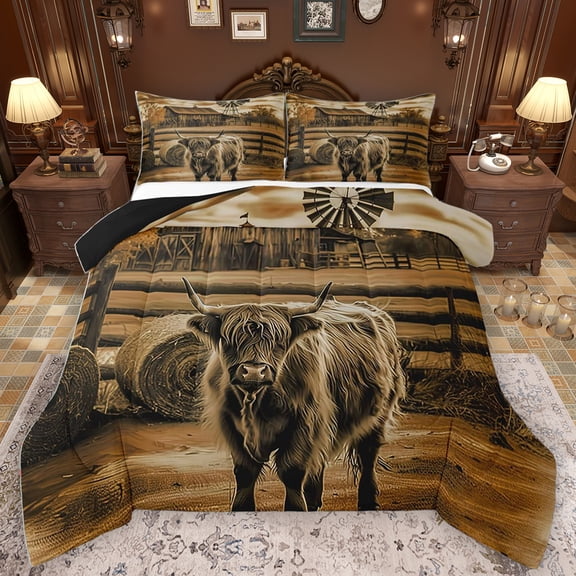 Homewish Highland Cow Bedding Comforter Set,Old Barn Door Twin Comforter Sets,Retro Rustic Windmill Bedding Set For Kids,Ultra Soft Home Decor Reversible,2 Pieces