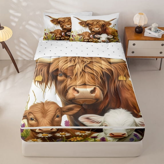 Homewish Highland Cow Family Wildflower Zipper Full Size Comforter Sets with Fitted Sheet and 2 Pillowcases For Boys And Girls,Brown White Farm Zipper Bedding Set,Reversible,4-Piece