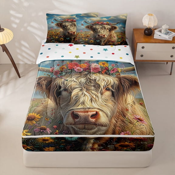 Homewish Highland Cow Flower Crown Meadow Zipper Twin Comforter Sets with Fitted Sheet and 2 Pillowcases For Men And Women,Beige Multicolor Rustic Zipper Bedding Set,Polka Dots Reversible,4-Piece