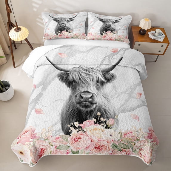 Homewish Highland Cow Quilt King for Girls, Pink Floral Gray Marble King Coverlet Set, 3pcs, 1 Comforter and 2 Pillowcases